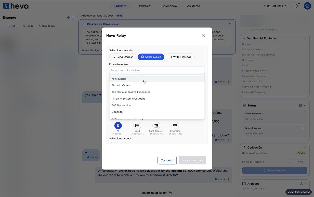 heva Relay — envío de depósitos e invoices a pacientes