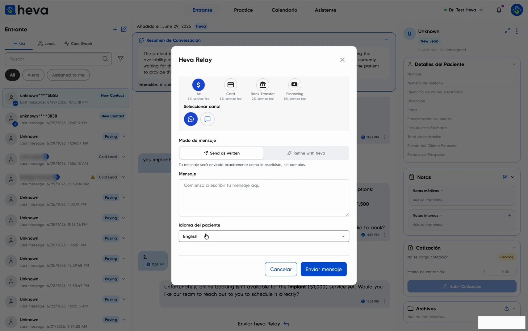 heva Relay — envío de opciones de pago desde el inbox