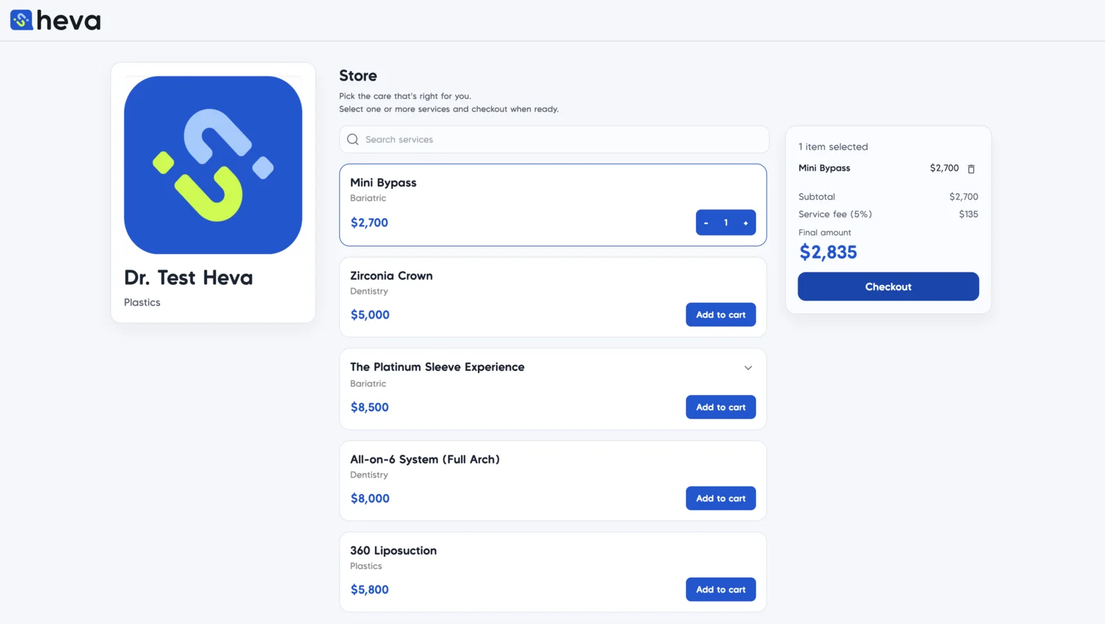 heva Store — la tienda en línea real de una clínica: catálogo con precios en USD, carrito con fee de servicio y checkout