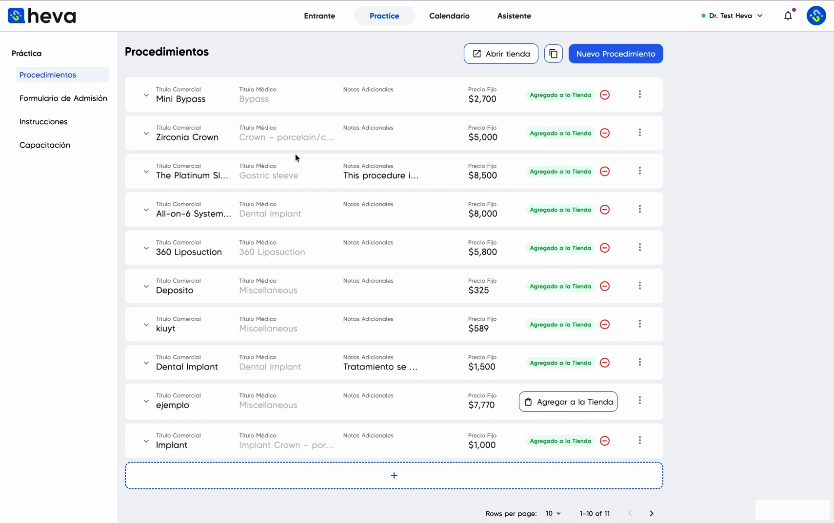 heva — catálogo de procedimientos y precios en USD