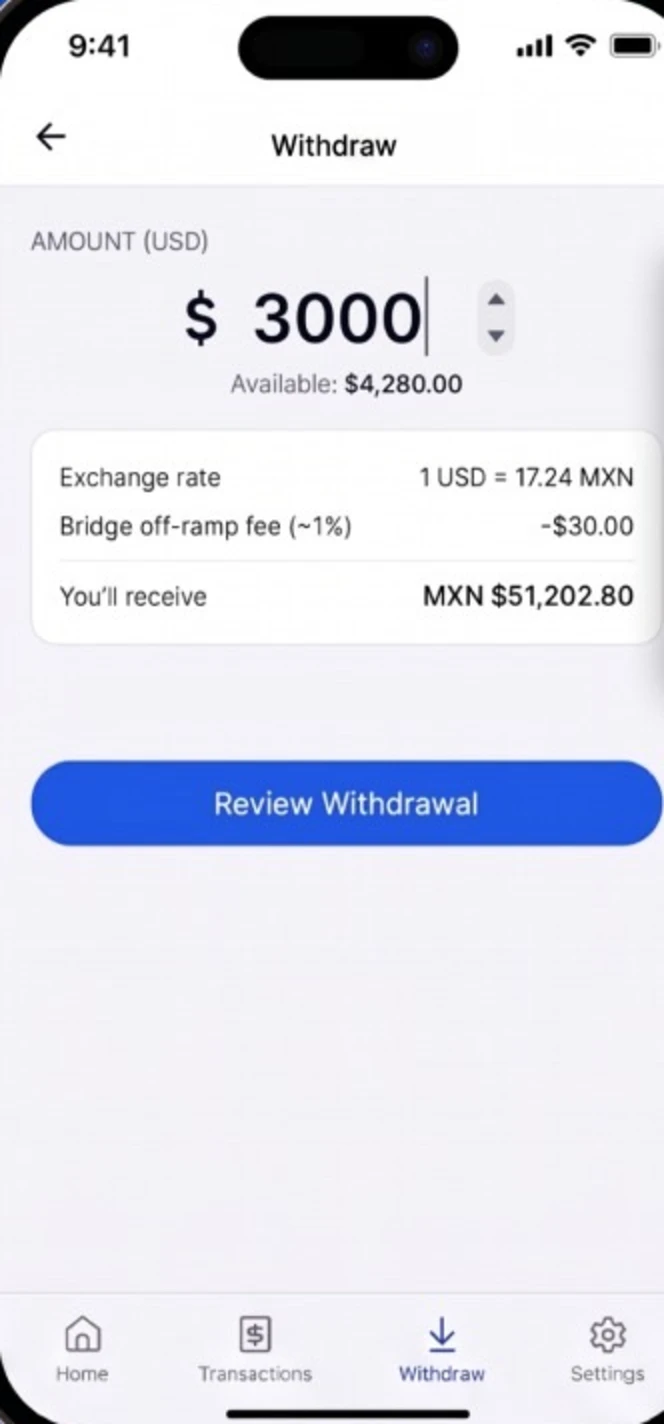 heva Wallet — retiro de dólares a tu moneda, con tipo de cambio y comisión visibles en pantalla